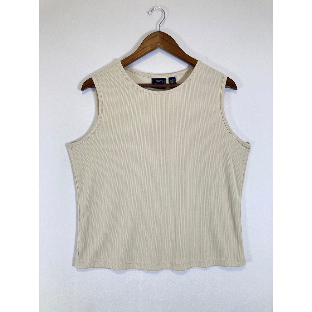 Minimalist Laura Scott Womens Large Cream Ribbed Sleeveless Shell Tank Top